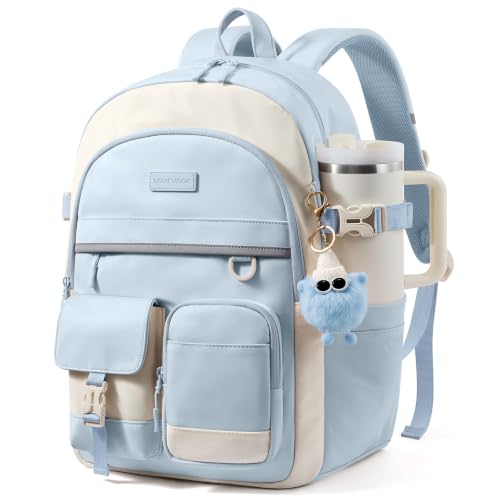 LOVEVOOK School Backpack for Teen Girls, Student Backpack Purse for 8-16 Teenage, Cute Kid Bookbag with Large Cup Holder, Back to School Backpacks Fit 15.6 Inch Laptop, Large College Travel Bag Gift - color: Light Blue-white With Reflective Strip, size: 1