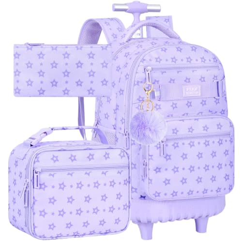 HPJGD 3PCS Girls Rolling Backpack, Purple Star Wheeled School Backpacks, Water-Resistant Roller Bookbag Set - color: Purple Star Rolling Backpack Set