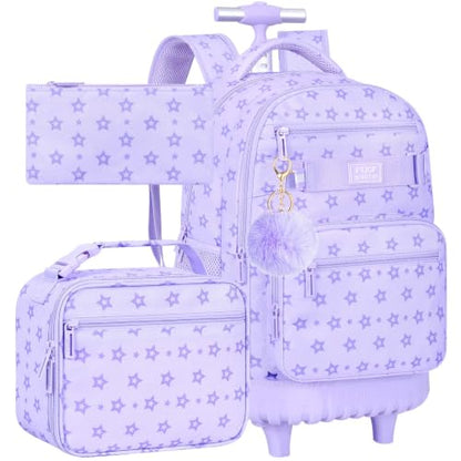 HPJGD 3PCS Girls Rolling Backpack, Purple Star Wheeled School Backpacks, Water-Resistant Roller Bookbag Set - color: Purple Star Rolling Backpack Set