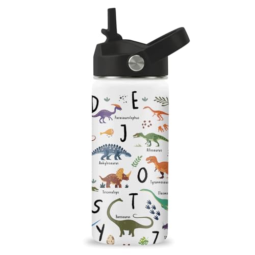 Alphabet Dinosaur Water Bottle for Boys, 16oz Kids Stainless Steel Insulated Water Bottle with Straw Lid, Dinosaur Dino Cup Tumbler Gifts for School - color: Alphabet Dinosaur