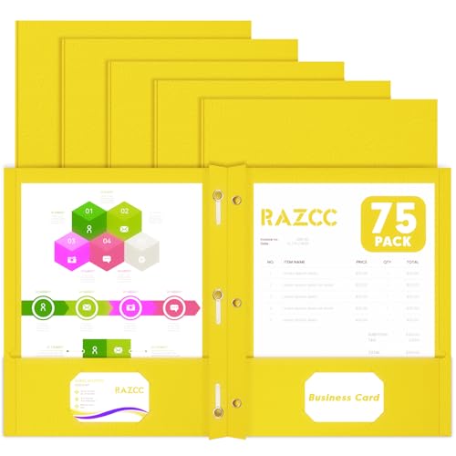 Two Pocket Folders, RAZCC 75 Pack Two Pocket Folders with Prongs, 3 Prong Folders Fit Letter Size Paper, Pocket File Folders for School Office Home Business, Yellow - color: Yellow