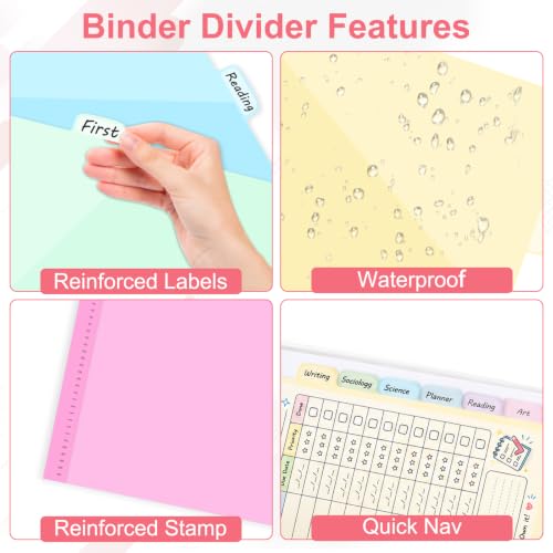Binder Dividers with Pockets for 3-Ring Binder, 8-Tab Pastel Dividers | Fits Letter-Size Paper, Two Storage Pockets, Extra-Wide Tabs, Heat-Sealed PP Plastic, Back to School, Office Supplies