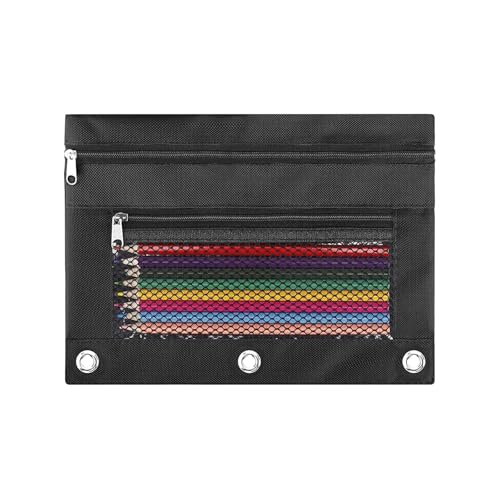Pencil Pouch for 3 Ring Binder - 3 Hole Zipper Pen Case Bag Holder Bulk Accessories Clear Window Aesthetic Organizer Pockets - color: Black