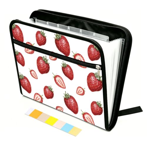 WEBEEDY Strawberry Fruit Prints 13 Pockets Expanding File Folder Accordion File Organizer with Labels and Zipper, Portable Expandable Paperwork Organizer for A4 Paper Document Receipt Travel Office - color: Strawberries