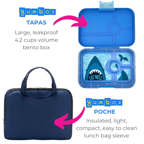 Yumbox Tapas Leakproof Bento Box, 4 Compartments, True Blue Shark | Large Capacity Design | Sandwich-Friendly | Removable Compartment Tray | Easy-Open Single Latch | Ideal for Teens & Adults - color: True Blue - Shark