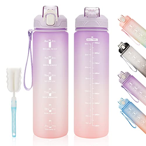YC Kitchen 32oz Motivational Water Bottle with Straw & Carrying Strap | Leak-proof BPA Free Sports Water Bottles with Time Marker, with Times to Drink,Fitness, Gym, and Outdoor Sports - color: Purple/Pink Gradient, size: 32 Ounces
