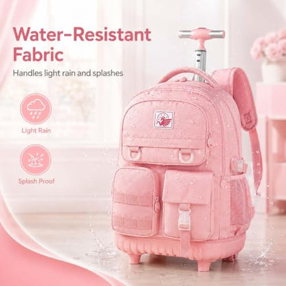 CCJPX Rolling Backpack for Girls Women, 21 inch Roller Wheels School Bookbag, Wheeled Suitcase Backpacks with Lunch Bag for Teen - Pink - color: Pink