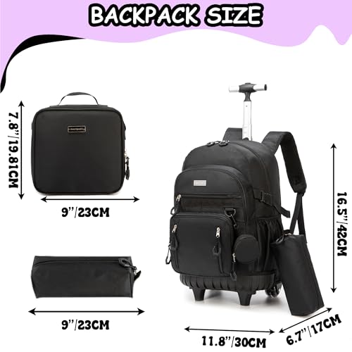 Kids Rolling Backpack for School Rolling Backpack for Girls 8-12 Roller Backpacks for Girls 10-12 with Lunch Box Pencil Case Back to School - color: Solid New Black