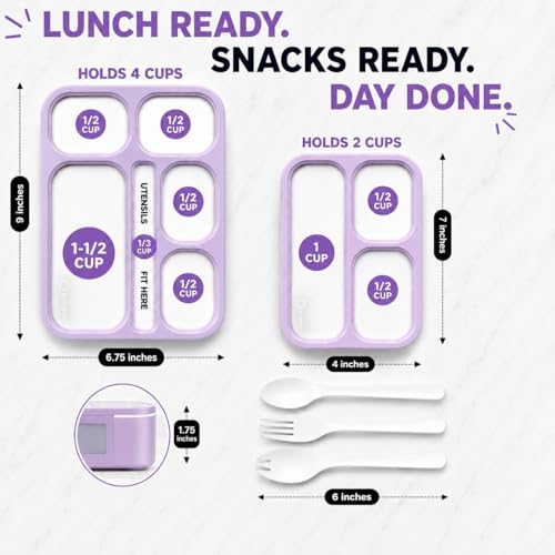 Bento Lunch-Box and Snack Container Set for Kids, 6 and 3 Compartment Boxes Leakproof School Bentos Meal Portion Control Containers BPA Free, Boys Girls Adults, Purple Lilac Large + MINI 2 Pack - color: Lilac Large + MINI 2 Pack