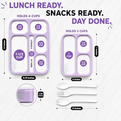 Bento Lunch-Box and Snack Container Set for Kids, 6 and 3 Compartment Boxes Leakproof School Bentos Meal Portion Control Containers BPA Free, Boys Girls Adults, Purple Lilac Large + MINI 2 Pack - color: Lilac Large + MINI 2 Pack
