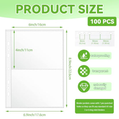 VOKOY 100 Pack Mini Sheet Protectors Fit 4"x6" Cards for 3 or 6 Ring Binder | 7 Holes 2 Pocket Heavy-Duty Recipe Card Sleeves,Refill Pages Crystal Clear Index Card Protectors for 8.5x9.5 Inch Binder - size: 6.9x8.5 Inch-2 Pocket, style: 100 Pack