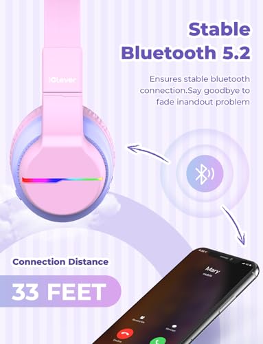 iClever BTH12 Kids Bluetooth Headphones,Colorful LED Lights,74/85dBA Safe Volume,85H Playtime,Bluetooth 5.2,Over Ear Headphones Built-in Mic for iPad/Tablet/Airplane,Blossom Pink - color: A-Pink