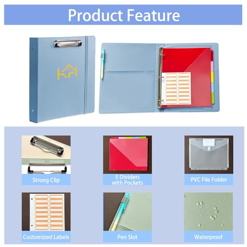 3 Ring Binder 1 Inch, Binders with Clipboard, 5 Dividers with Pockets, and Labels for School and Office (Light Blue, Letter Size) - color: Blue