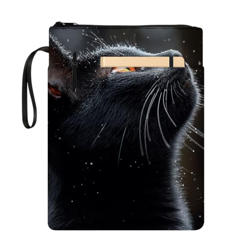 Padded Book Sleeve with Zipper & Front Pocket, Fabric Book Cover | Cute Black Cat Moon Silhouette11.4"x8.7" Washable Canvas Pouch for Hardcovers, Tablets & Reading Accessories - color: Cute Black Cat Moon Silhouette
