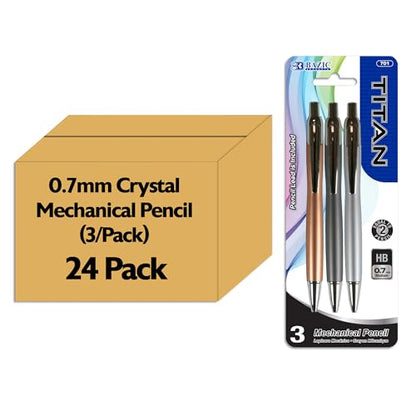 BAZIC PRODUCTS Titan 0.7 mm Mechanical Pencils, HB Lead, 3 Count, 24-Box | click-advance, refillable, Eraser under cap, school, office, tests, notes, sketching - size: 24-Pack