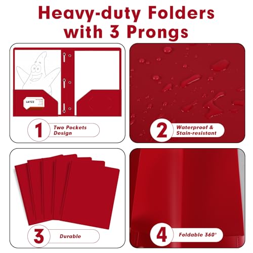 Plastic 2 Pocket Folders with Prongs, 30 Pack, Heavyweight, Letter Size Poly Folders with 3 Metal Prongs Fastener Clips (Red) - color: Red