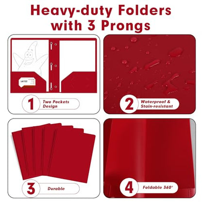 Plastic 2 Pocket Folders with Prongs, 30 Pack, Heavyweight, Letter Size Poly Folders with 3 Metal Prongs Fastener Clips (Red) - color: Red