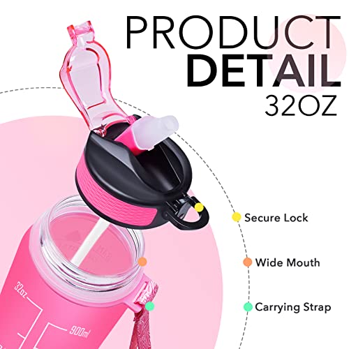 Hyeta Water Bottle with Straw & Time Marker, Plastic 32oz Leakproof | Motivational Tritan BPA Free Gym Office Outdoor Intake Tracker Hourly Reminder Straw Lid Carry Strap - color: Pink-Green
