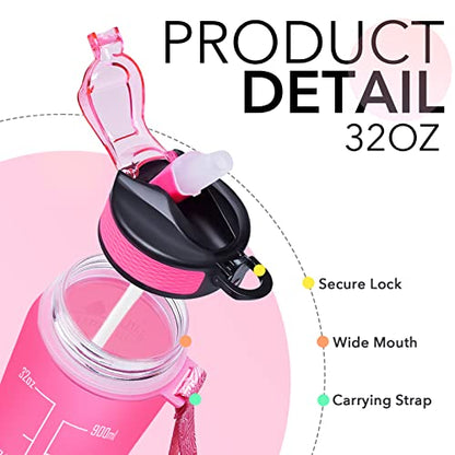 Hyeta Water Bottle with Straw & Time Marker, Plastic 32oz Leakproof | Motivational Tritan BPA Free Gym Office Outdoor Intake Tracker Hourly Reminder Straw Lid Carry Strap - color: Pink-Green