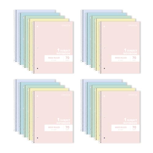ONAVIA 1 Subject Spiral Notebook Wide Ruled Bulk, 140 Pages, Assorted | 70 Sheets, 7.5 x 10.5 in, 20 Pack School Notebooks, Wide Ruled Paper, Students, Classroom, Homework - color: Assorted Colors