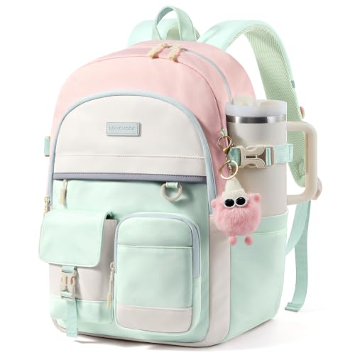LOVEVOOK School Backpack for Teen Girls, Student Backpack Purse for 8-16 Teenage, Cute Kid Bookbag with Large Cup Holder, Back to School Backpacks Fit 15.6 Inch Laptop, Large College Travel Bag Gift - color: Light Green-white-pink With Reflective Strip, s