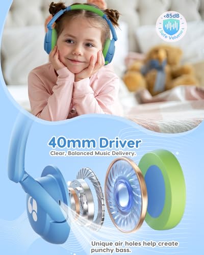 awatrue Kids Bluetooth Headphones, 85dB Volume Limiter, Foldable Wireless Over-Ear Headphones for iPad, Travel, 75H Playtime, Bluetooth 5.4, Built-in Mic, Blue Green - color: Blue-Green
