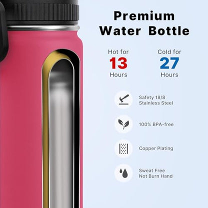 koodee 16 oz Water Bottle Stainless Steel Double Wall Vacuum Insulated Water Bottle for School, Wide Mouth Water Flask with Straw (Canyon Red) - color: canyon-red-A, size: 16 Ounces