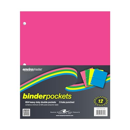Roaring Spring Recycled Double Pocket Heavyweight Binder Pockets, 12 Pack, 11" x 9", Easily Add Storage to Your 3 Ring Binders, Assorted Neon Colors - color: Assorted, size: 12 Binder