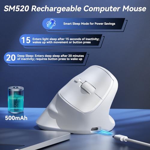 SOLAKAKA SM520 Ergonomic Mouse with 24000 DPI, Vertical Mouse with Programmable Side Button, Wireless Mouse with Tri-Mode Connection - BT5.0/USB-C/2.4GHz, for Desktop, PC, Laptop (White) - color: white