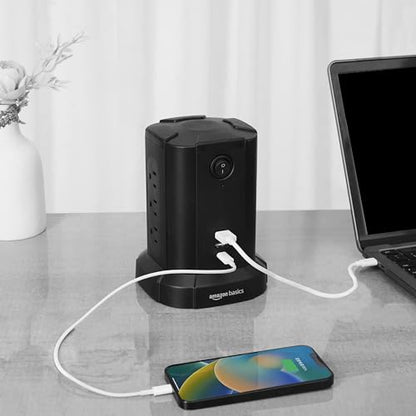 Amazon Basics Power Strip Tower Charging Station, Surge Protector 1080J, 9 Outlet with Integrated USB Charging Ports (2 USB-A and 1 USB-C), Space Saving, 15A, 6ft Cord, Black - size: 6 Feet
