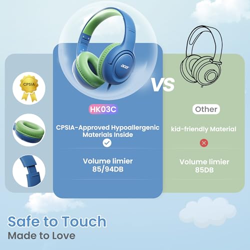 Acer USB-C Kids Headphones - 85/94dB Safe Volume Limited, Foldable Wired Over Ear Headphones for Travel, Toddler Headphones for School, Travel, iPad, Tablet, Blue Green, HK03C - color: USB-C Green Blue