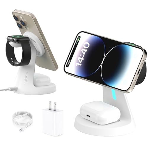 Wireless Charger Compatible with Mag-Safe,3 in 1 Charging Station for iPhone17/16/15/14/13/12 Series, Apple Watch,AirPods,15W Fast Charging (Adapter Included) - color: White