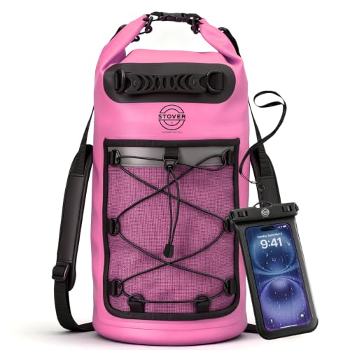 STOVER 5/10/25/30/40L Waterproof Dry Backpack & Phone Case- Large Floating Dry Bag for Kayaking, Travel, Hiking, Fishing, Camping, Motorcycles & Beach, Heavy-Duty Roll Top Men/Women (Pink) - color: 25l+ Pink, size: 30L