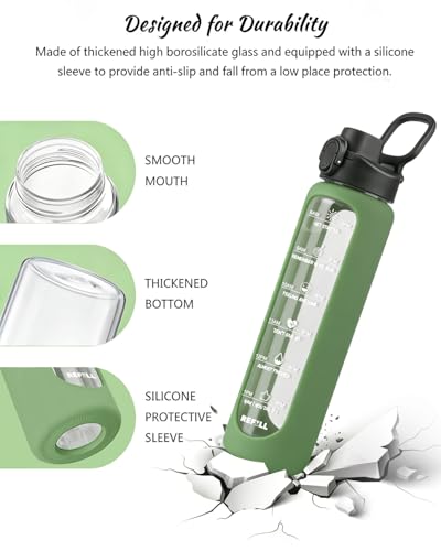 Nefeeko 32 oz Glass Water Bottles with Straw, Time Marker, Motivational 1 Liter BPA FREE Leakproof Reusable Glass Water Bottle with Silicone Sleeve, Bamboo, Spout Lid - color: Green