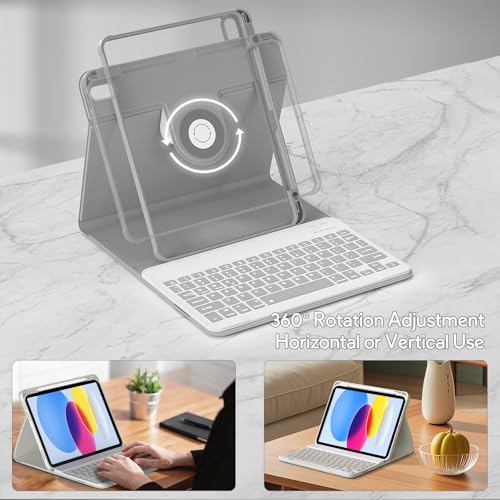 YBING Keyboard Case for iPad 10th Gen 10.9 inch (2022) & 11th Gen (A16, 2025), 7-Color Backlit Detachable Bluetooth Keypad & Rotatable Magnetic Case with Pencil Holder (Gray) - color: Gray