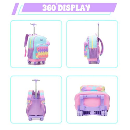 Girls Rolling Backpack with Lunch Box School Backpacks with Wheels 16.5" Roller Backpack for Girls, 3pcs Kids Wheeled Bookbag for Elementary School - color: Duosejieti
