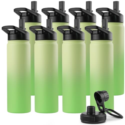 DOMICARE Insulated Water Bottle, 22 oz Vacuum Insulated Stainless Steel Reusable Sports Bottle with Straw Lid & Spout Lid for Travel, Camping, Bike, Leakproof, Green Gradient, 8 Pack - color: Green Gradient, size: 22oz/8 Pack