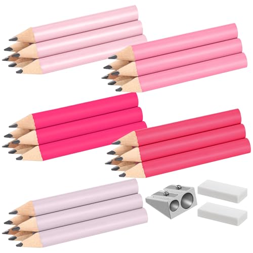 Marspark 30 Pcs Short Triangular Fat Pencils Bulk First Day of School 3.5 Inch Wooden Jumbo Pencils with Sharpener and 2 Erasers for Preschoolers, Kindergarten, Toddlers, Beginners(Pink Colors) - color: Pink Colors