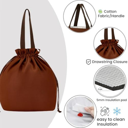 Reusable Lunch Bag,Canvas Drawstring Lunch Bag, Lunch Tote for Work, School, or Picnics, Lightweight & Waterproof, Keeps Food Fresh All Day(Dark Chocolate) - color: Dark Chocolate