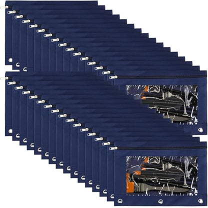 Marspark 30 Packs Pencil Pouch 3 Ring Binder Pen Pouch Cloth Pencil Pouches Zipper Pen Case Bag with Clear Window for School Office Writing Supplies Gifts(Navy Blue) - color: Navy Blue