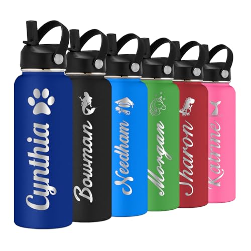 Personalized Water Bottle with Straw Lid for School,Custom Engraved Insulated Stainless Steel Sports Water Bottle with Name for Girls Boys Women Men(24oz/32oz/40oz,12 Colors) - color: Navy, style: Cartoon