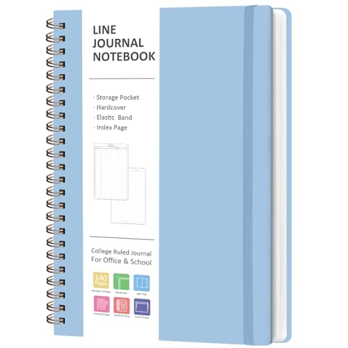 A5 Lined Spiral Journal Notebook, 146 Pages Hardcover Notebook with 100 GSM Thick Paper, Inner Pocket & Elastic Closure, 5.7" x 7.9", Notebooks for Work, School, College, Office, Journaling & Note Taking - color: Blue