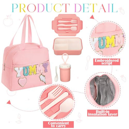 Dandat Preppy Lunch Bag for Women Girl Pink Preppy Lunch Bag Bento Box with Compartments and Soup Cup for Girls Adults Teens School Travel Picnic