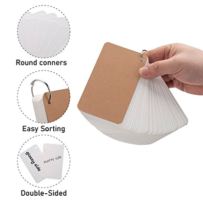 3x5 Blank Index Cards Study Flash Cards with Rings, 300PCS Rounded Hole-punched White Cardstock Heavy Weight Note Cards, Language FlashCards or Recipes DIY
