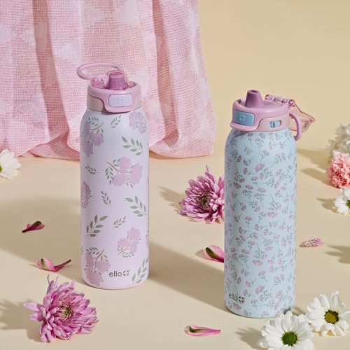 Ello Pop & Fill Insulated Stainless Steel Water Bottle with Quick Fill Lid, Leakproof Locking, Sip or Chug Spout, BPA-Free, Double Wall Vacuum Insulated for Sports, Travel & School- 22oz / 32oz / 40oz - color: Blossom Bliss, style: 32oz