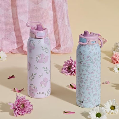 Ello Pop & Fill Insulated Stainless Steel Water Bottle with Quick Fill Lid, Leakproof Locking, Sip or Chug Spout, BPA-Free, Double Wall Vacuum Insulated for Sports, Travel & School- 22oz / 32oz / 40oz - color: Blossom Bliss, style: 32oz