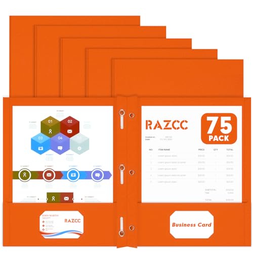 Two Pocket Folders, RAZCC 75 Pack Two Pocket Folders with Prongs, 3 Prong Folders Fit Letter Size Paper, Pocket File Folders for School Office Home Business, Orange - color: Orange