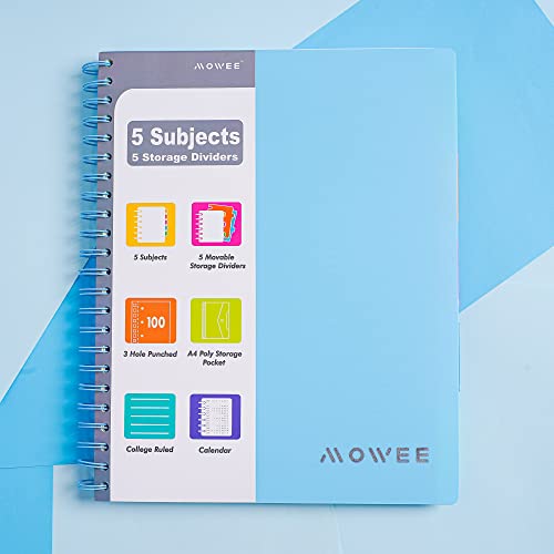 5-Subject Spiral Notebook, College Ruled, with Pocket & Tab Dividers | 200 Pages, 11" Ruler, 8.5"x11" Babyblue, Pocket Dividers with Tab Labels, for Writing Journal, Home, Office & School Supplies - color: 8.5*11Babyblue