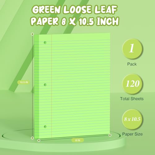 Green Loose Leaf Paper 8 x 10.5, 120 Sheets Lined Paper College Ruled Paper, 3 Hole Punched Notebook Paper College Ruled, 3 Ring Binder Paper 8 x 10.5, Filler Paper College Ruled for Office, School - color: Green-120 Pcs