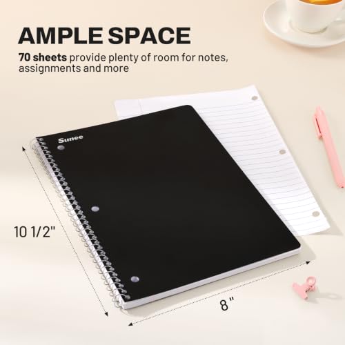 SUNEE Spiral Notebooks, 3 Pack, 1-Subject, College Ruled Paper, 8" x 10-1/2", 70 Sheets per Notebook, Black - color: Black